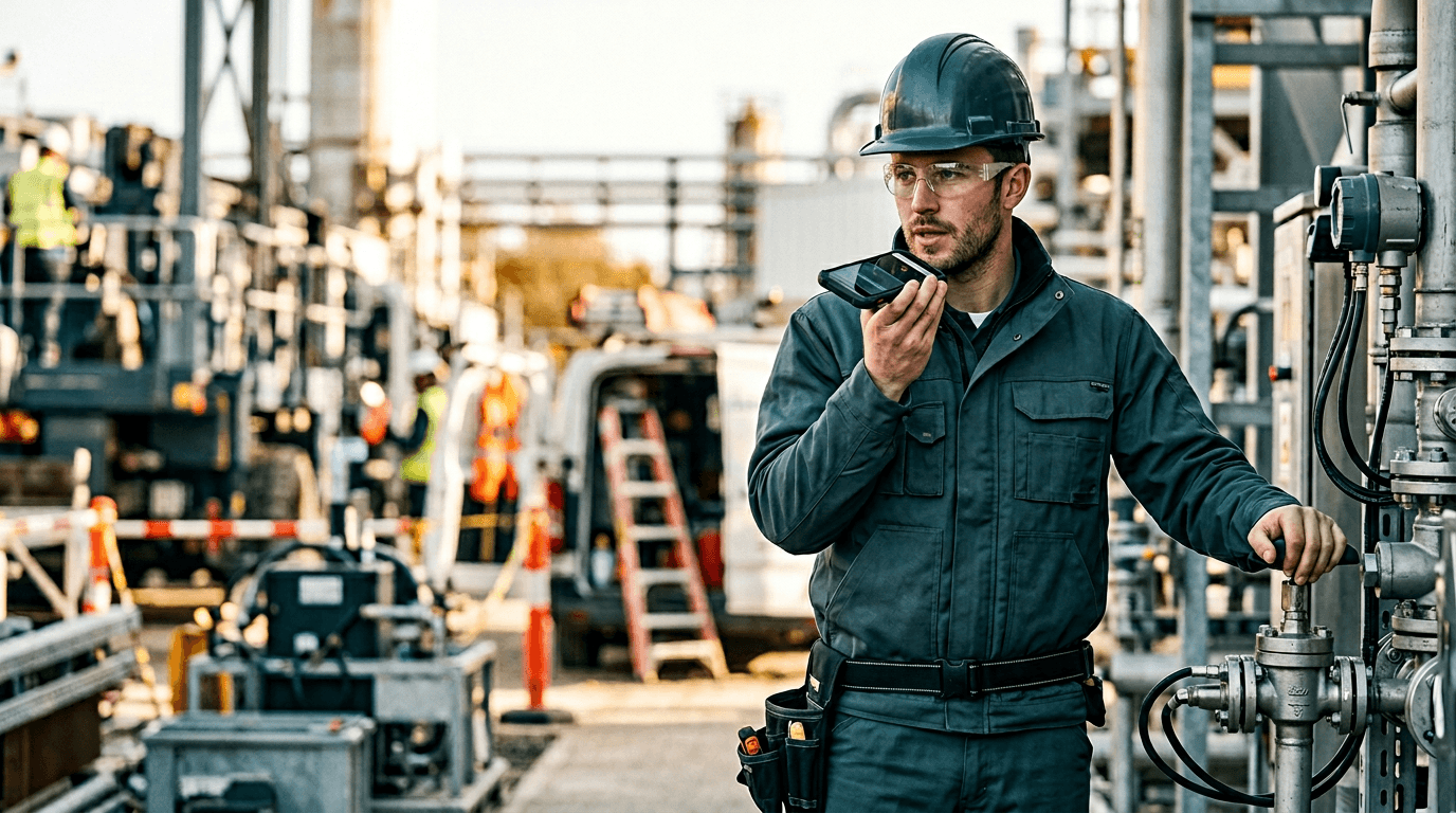 Technician on an active job site using a smartphone to capture voice and job details before leaving the site.