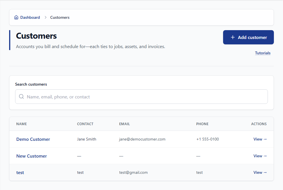 Customers: Sites, contacts, and equipment tied to work orders.