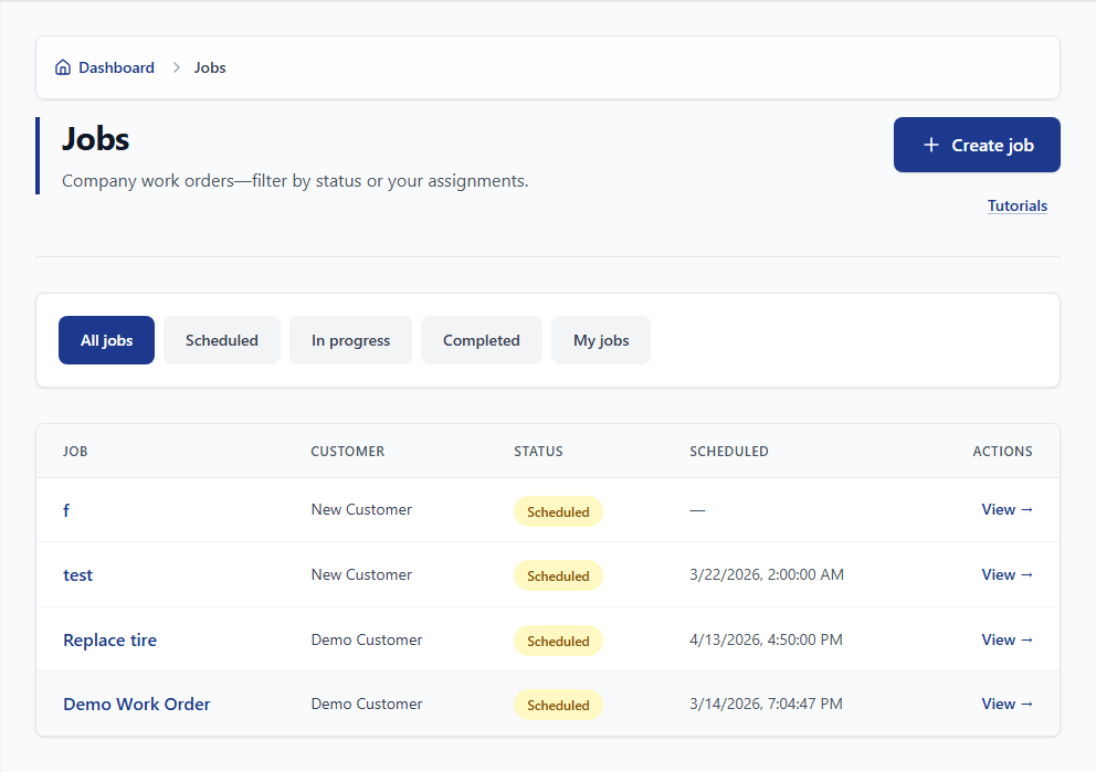 Jobs: Status, owner, and customer on every work order.