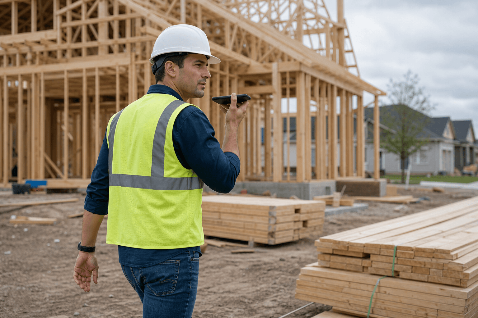 Field worker walking away from a residential job site while speaking job notes into his smartphone.