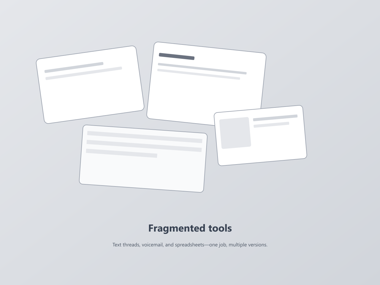 Fragmented tools: text threads, voicemail, and spreadsheets describing one job with multiple inconsistent versions.