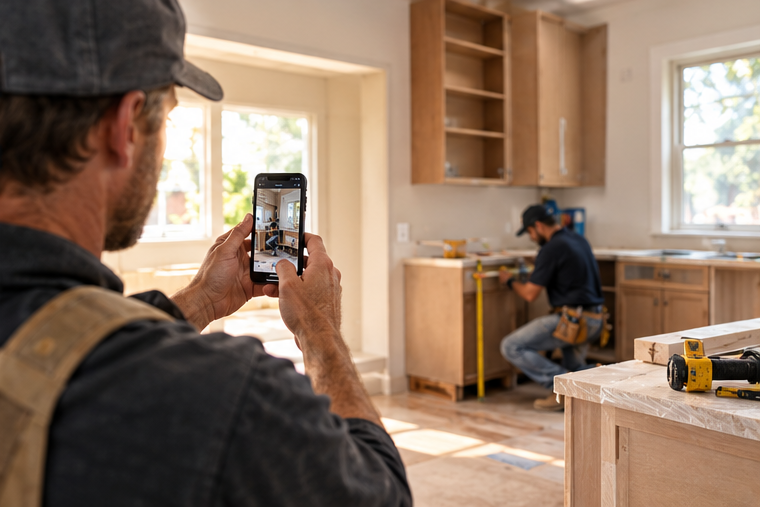Worker photographing a kitchen install on a phone while a colleague measures cabinets.