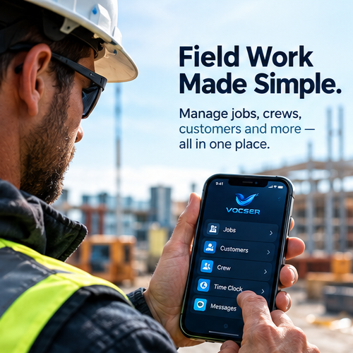 Field worker in safety gear using Vocser on a phone at a job site.